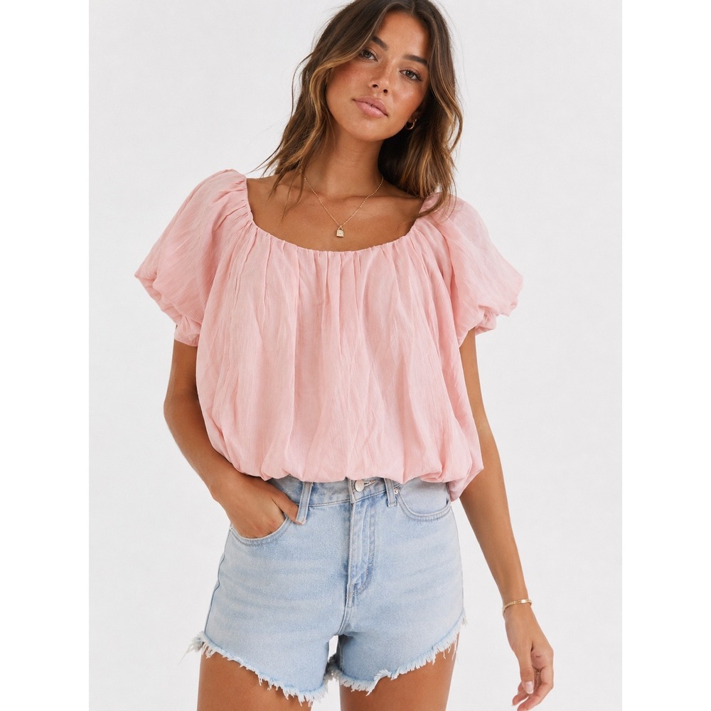 NWT ASOS Pink Crinkle Cotton Puff Sleeve Scoop Back Blouse Top US 12